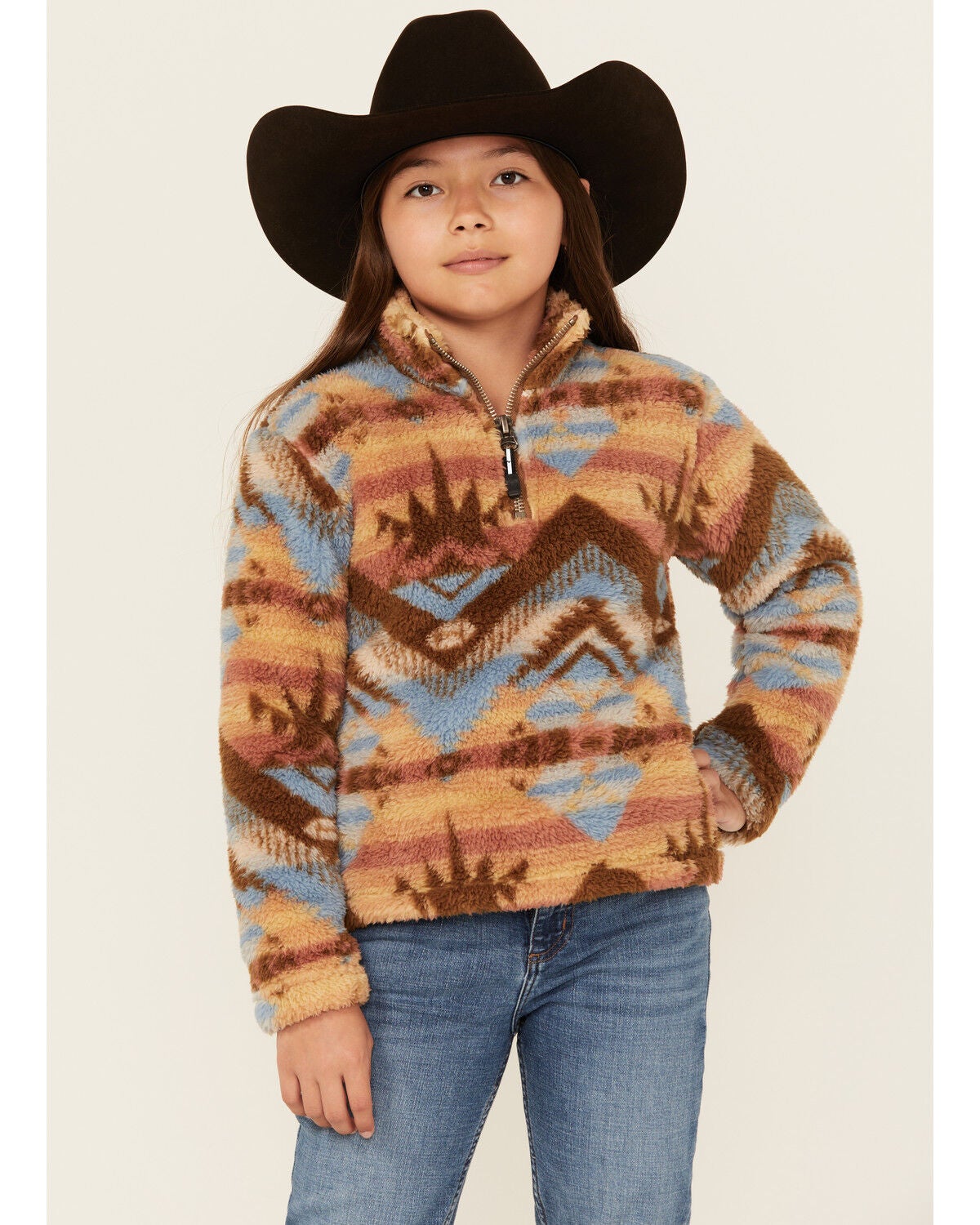 Roper Girls' Southwestern Print 1/4 Zip-Up Fleece Pullover, Brown, hi-res