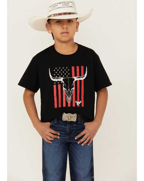 Cowboy Hardware Boys' Flag Steerhead Short Sleeve Graphic T-Shirt , Black, hi-res