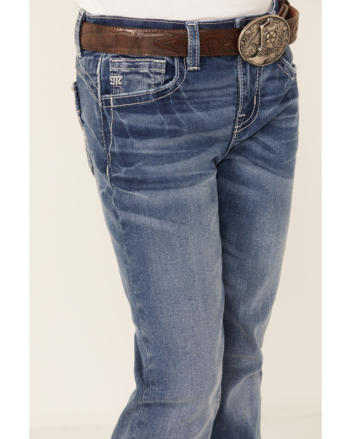 Image #4 - Miss Me Girls' Medium Wash Floral Border Bootcut Stretch Denim Jeans, Blue, hi-res