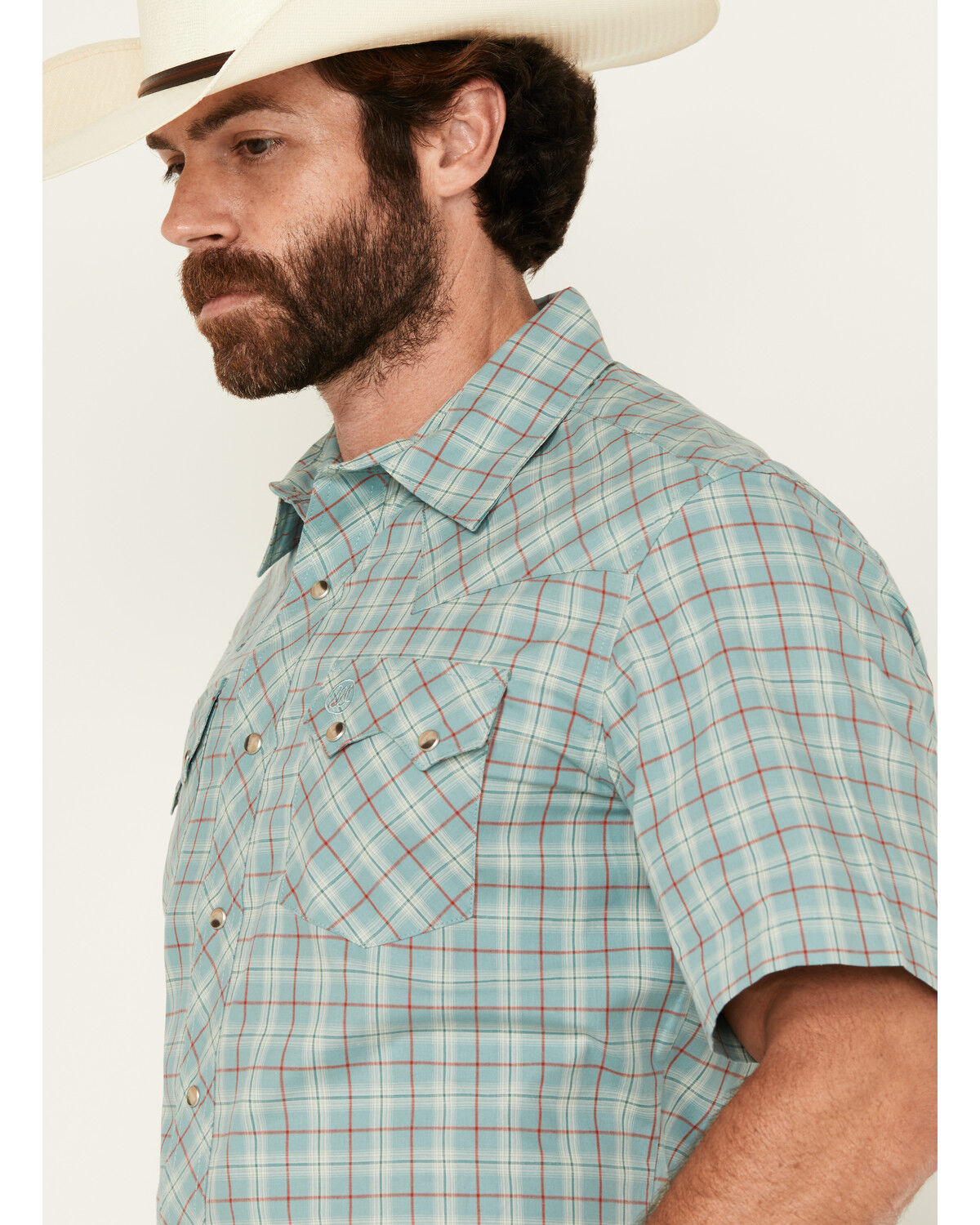 Image #2 - Wrangler Retro Men's Plaid Print Short Sleeve Snap Western Shirt, Turquoise, hi-res