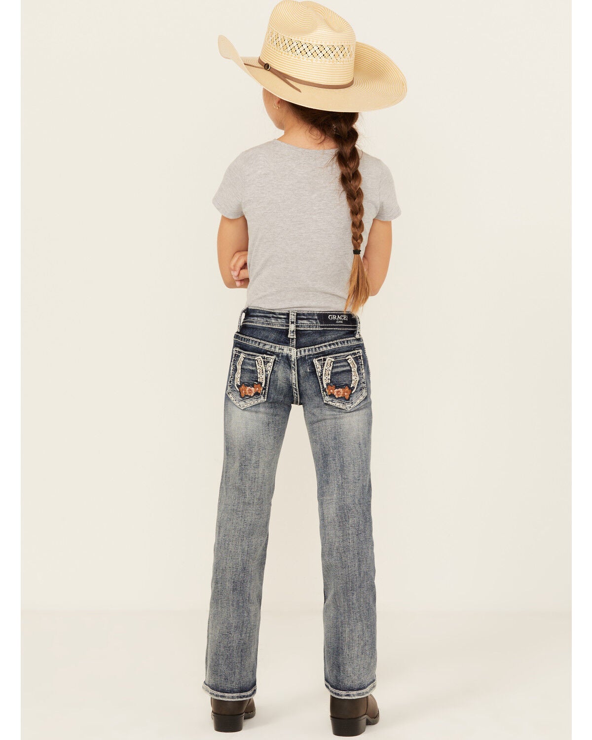 Grace in LA Little Girls' Light Wash Horseshoe Floral Bootcut Denim Jeans, Medium Wash, hi-res