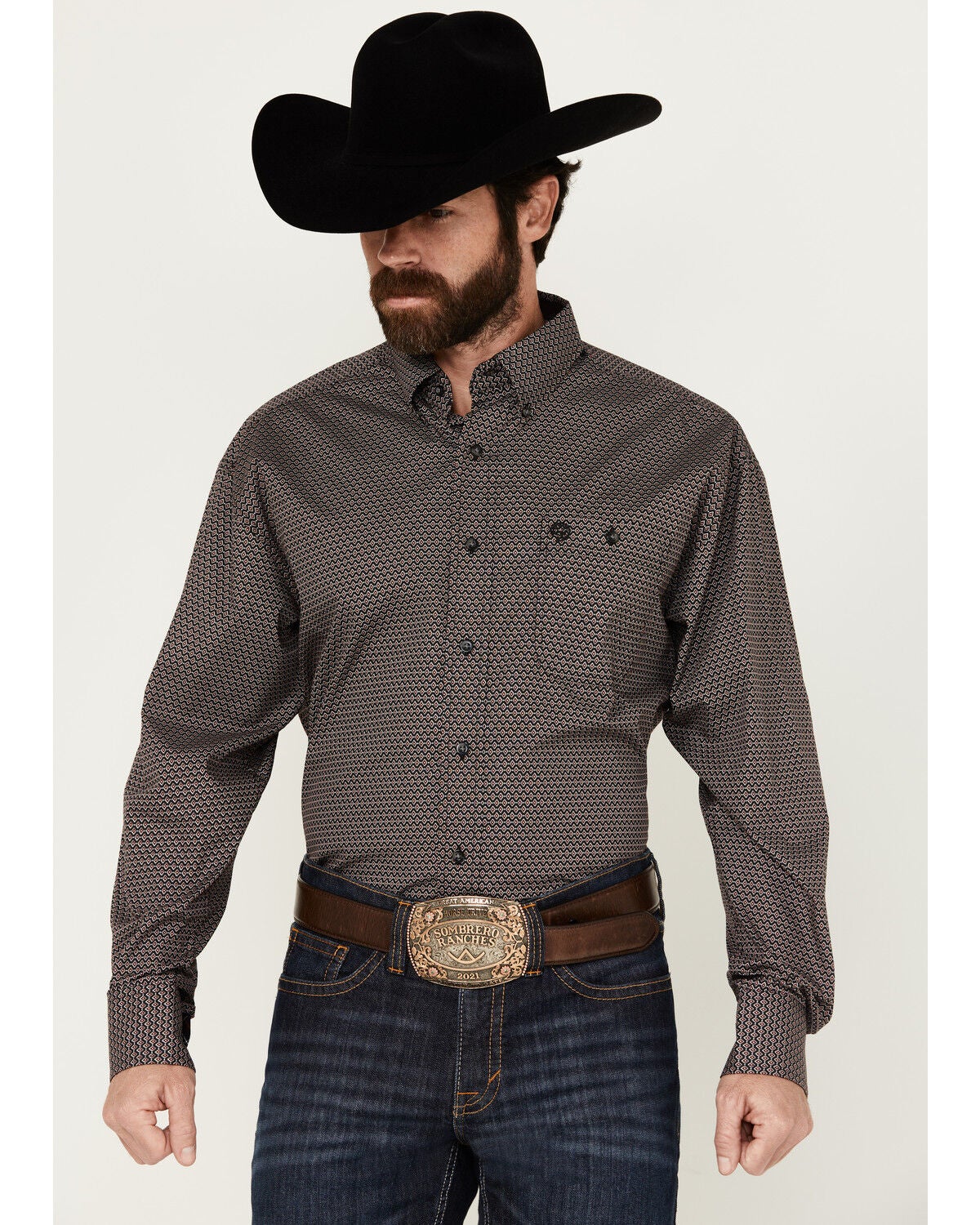 George Strait by Wrangler Men's Geo Print Long Sleeve Button-Down Shirt, Red, hi-res