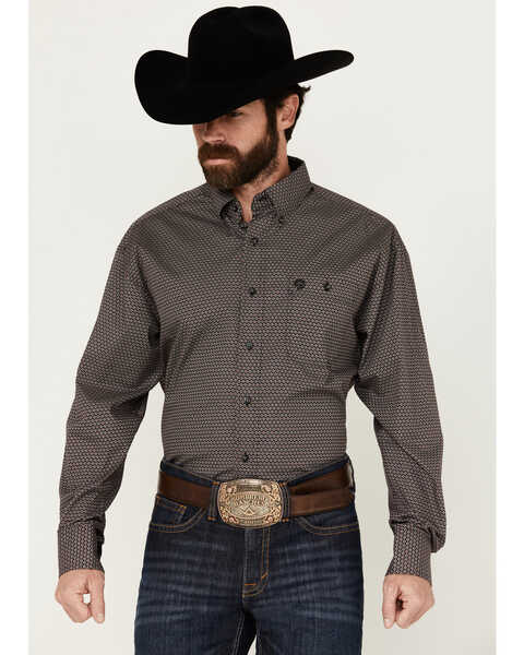 Image #1 - George Strait by Wrangler Men's Geo Print Long Sleeve Button-Down Shirt, Red, hi-res