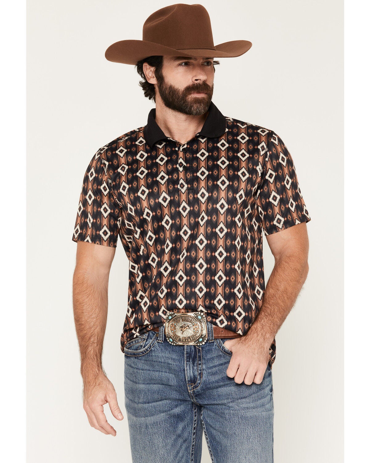 Image #1 - RANK 45&reg; Men's Desert Strike Southwestern Print Short Sleeve Button-Down Polo, Black, hi-res