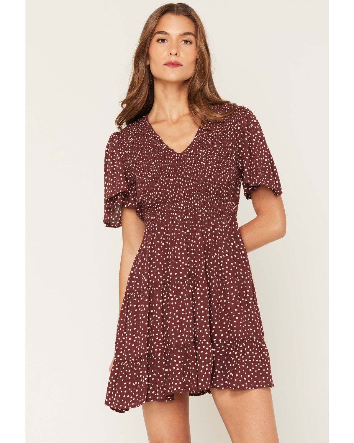 Angie Women's Polka Dot Flutter Sleeve Mini Dress, Brown, hi-res