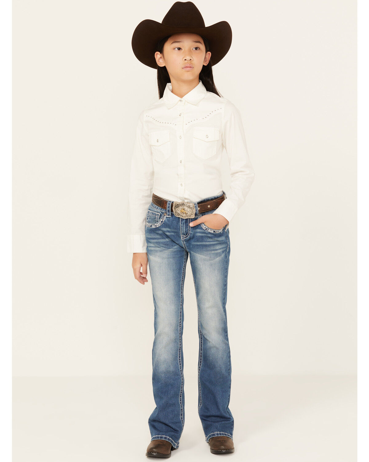 Image #1 - Shyanne Girls' Medium Wash Diamond Dreamcatcher Stretch Bootcut Jeans, Medium Wash, hi-res