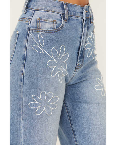 Image #2 - Vibrant Denim Women's Medium Wash High Rise Floral Stretch Wide Leg Jeans , Medium Wash, hi-res