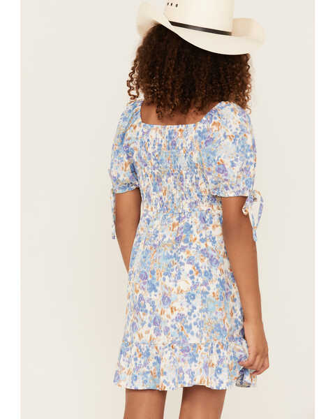 Image #4 - Hayden Girls' Floral Print Puff Sleeve Dress, Blue, hi-res