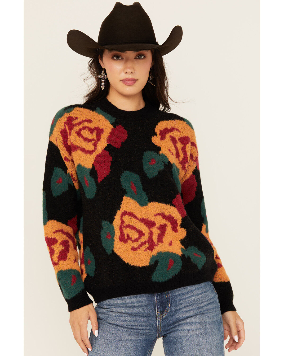 Image #1 - Evergreen Women's Floral Crew Neck Sweater, Black, hi-res