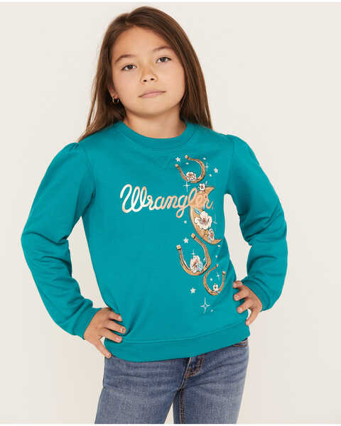 Wrangler Girls' Horseshoe Moon Graphic Sweatshirt, Teal, hi-res