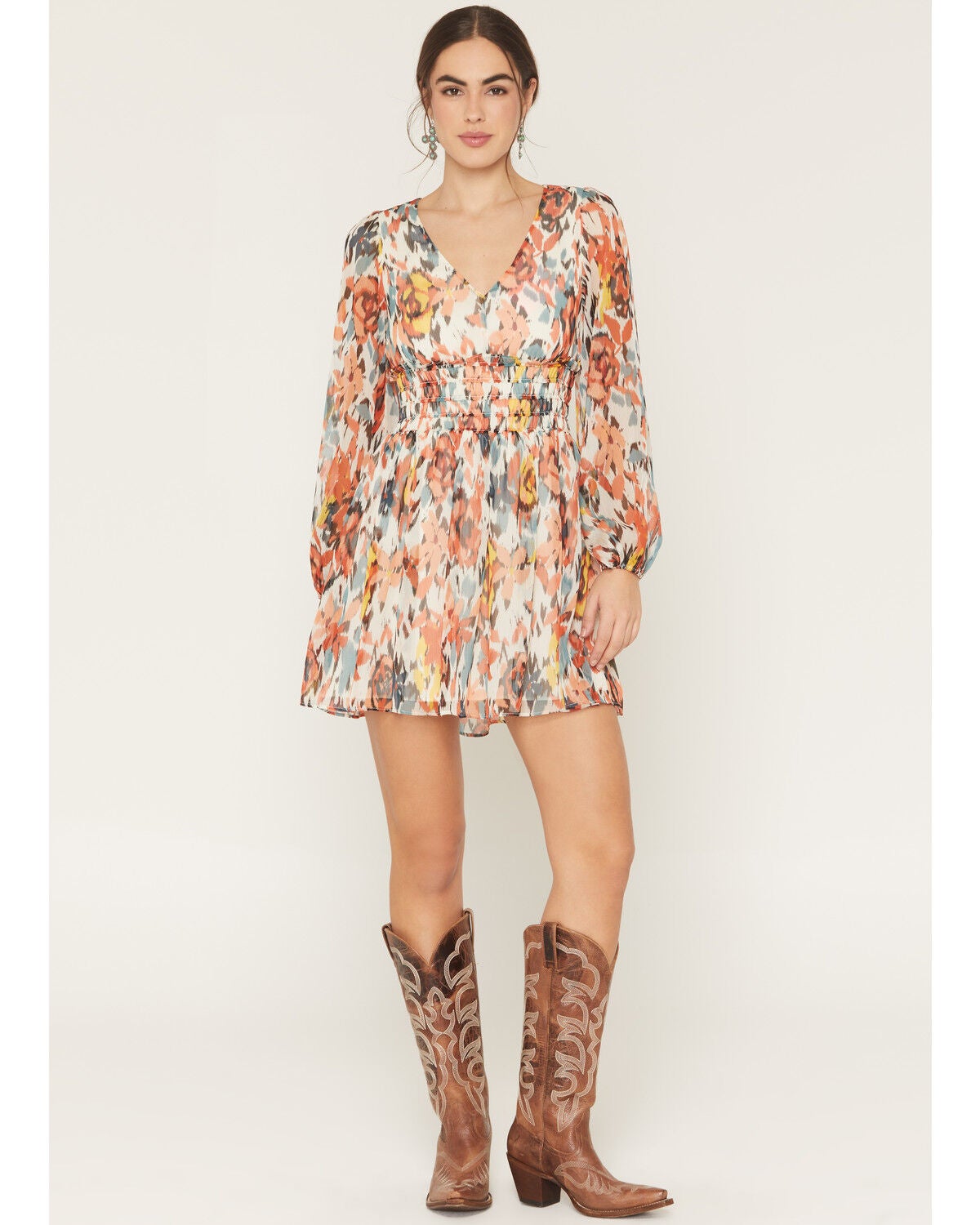 Image #1 - Shyanne Women's Floral Print Long Sleeve Mini Dress, Cream, hi-res