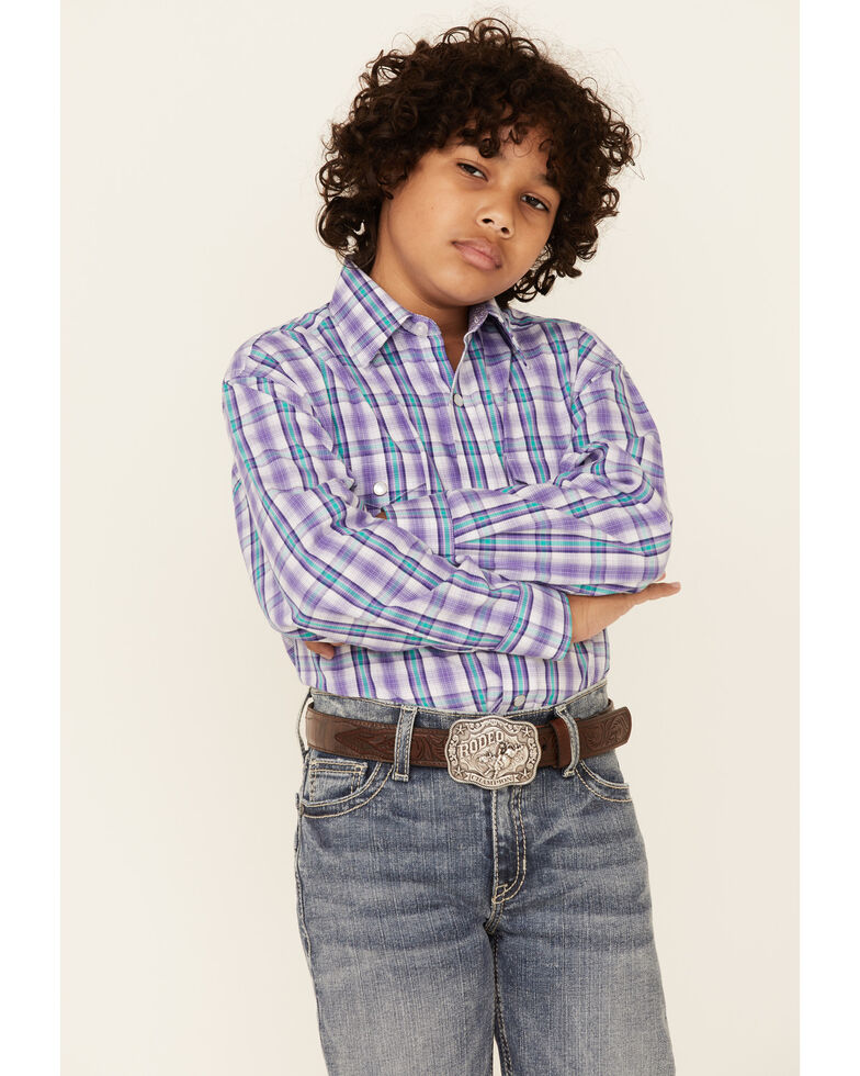 Panhandle Select Boys' Violet Check Plaid Long Sleeve Snap Western Shirt , Violet, hi-res