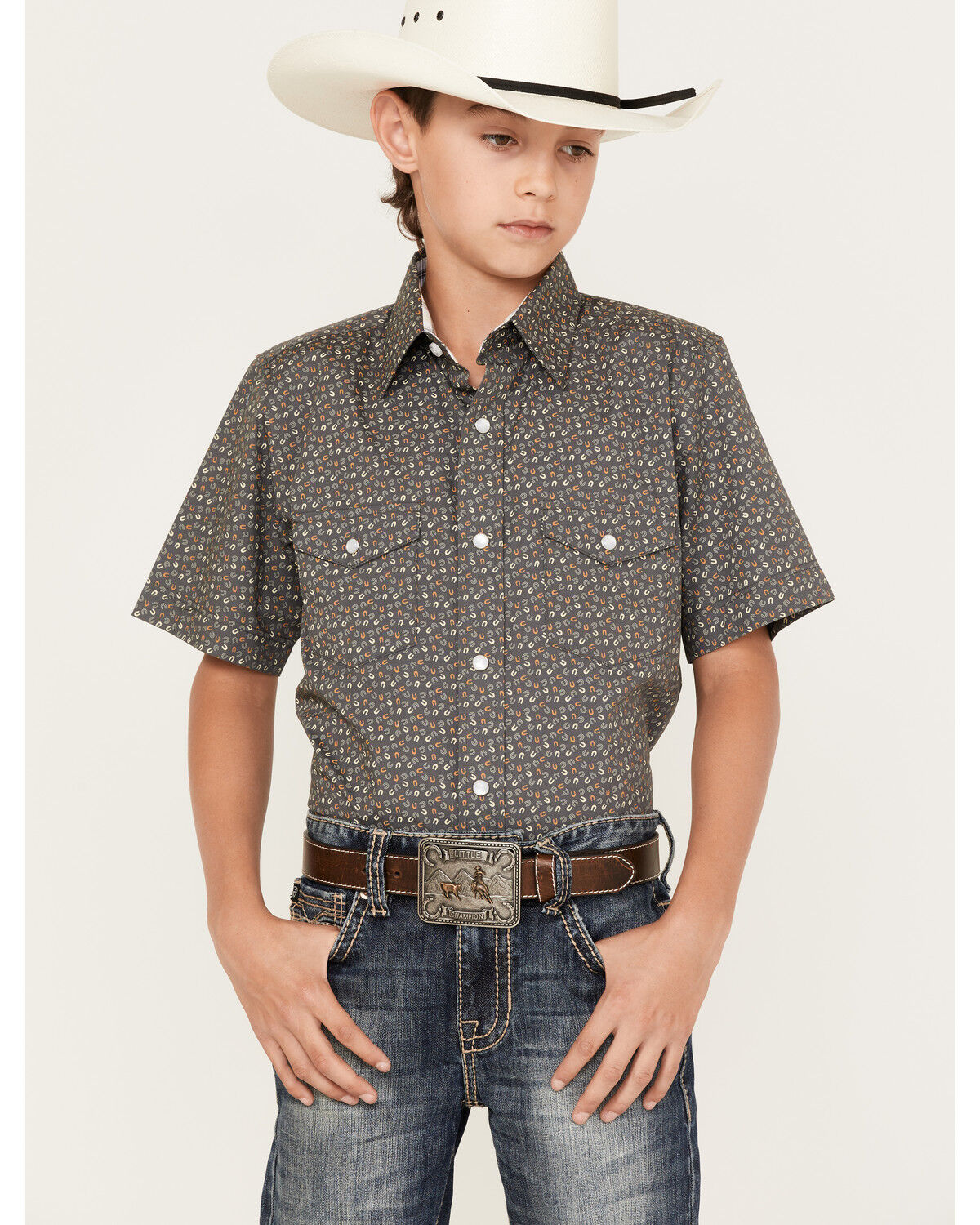 Image #1 - Panhandle Boys' Horseshoe Print Short Sleeve Western Pearl Snap Shirt, Yellow, hi-res
