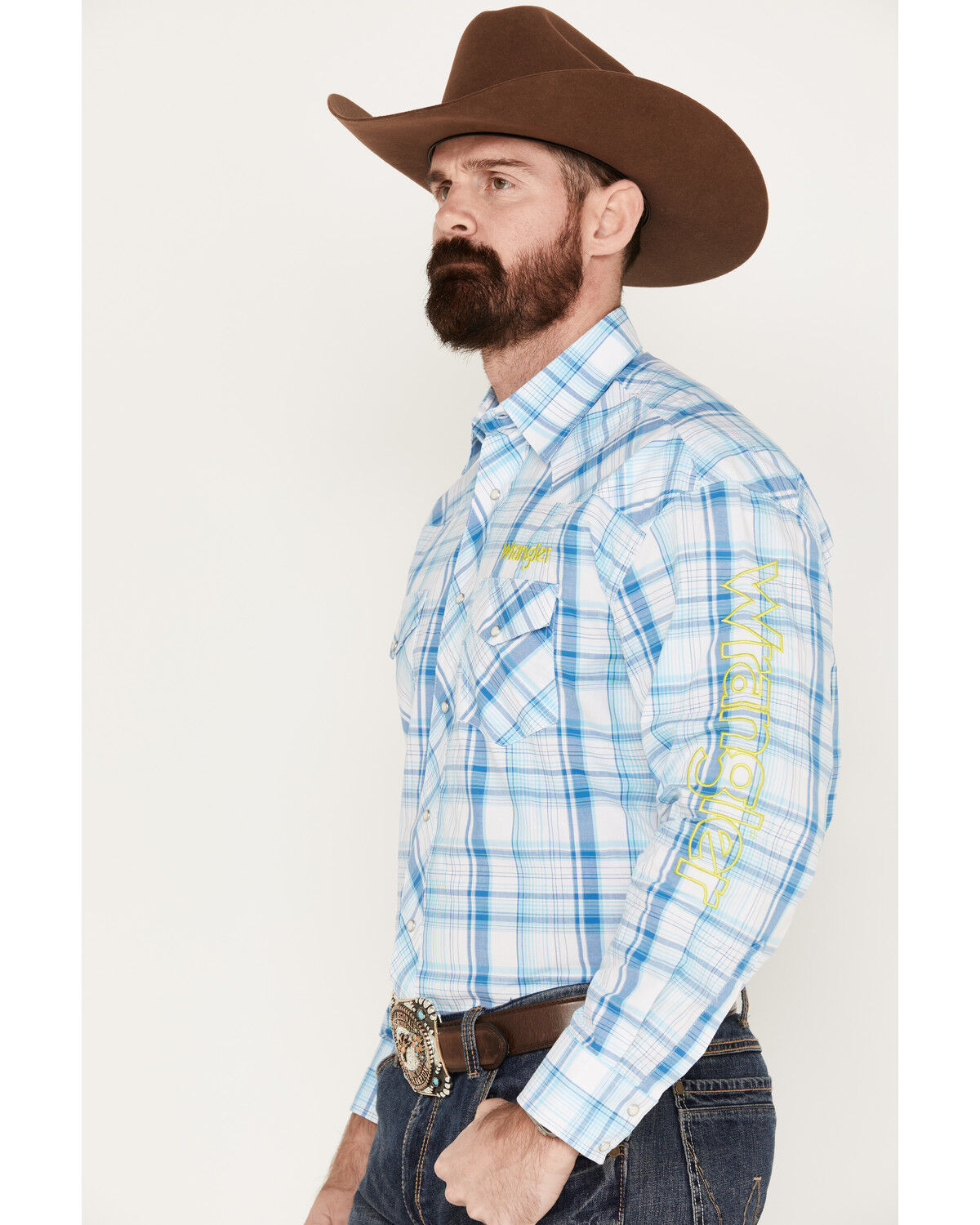 Image #2 - Wrangler Men's Logo Plaid Print Long Sleeve Western Snap Shirt, Light Blue, hi-res