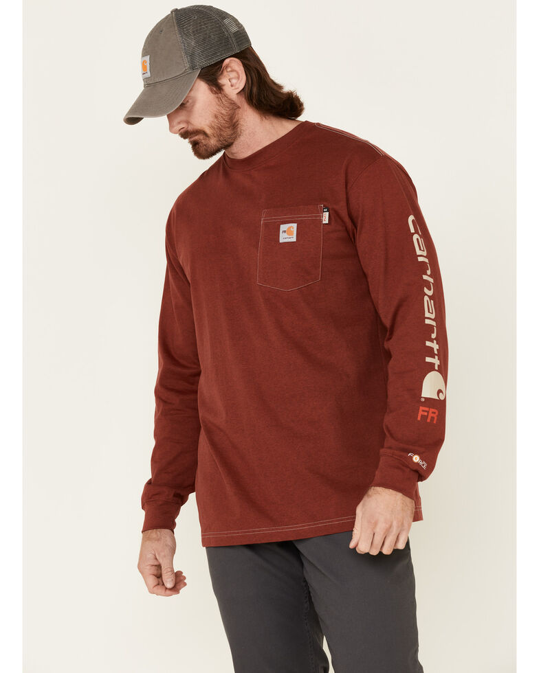 Carhartt Men's FR Heather Red Force Midweight Signature Long Sleeve Work Pocket T-Shirt, Heather Red, hi-res
