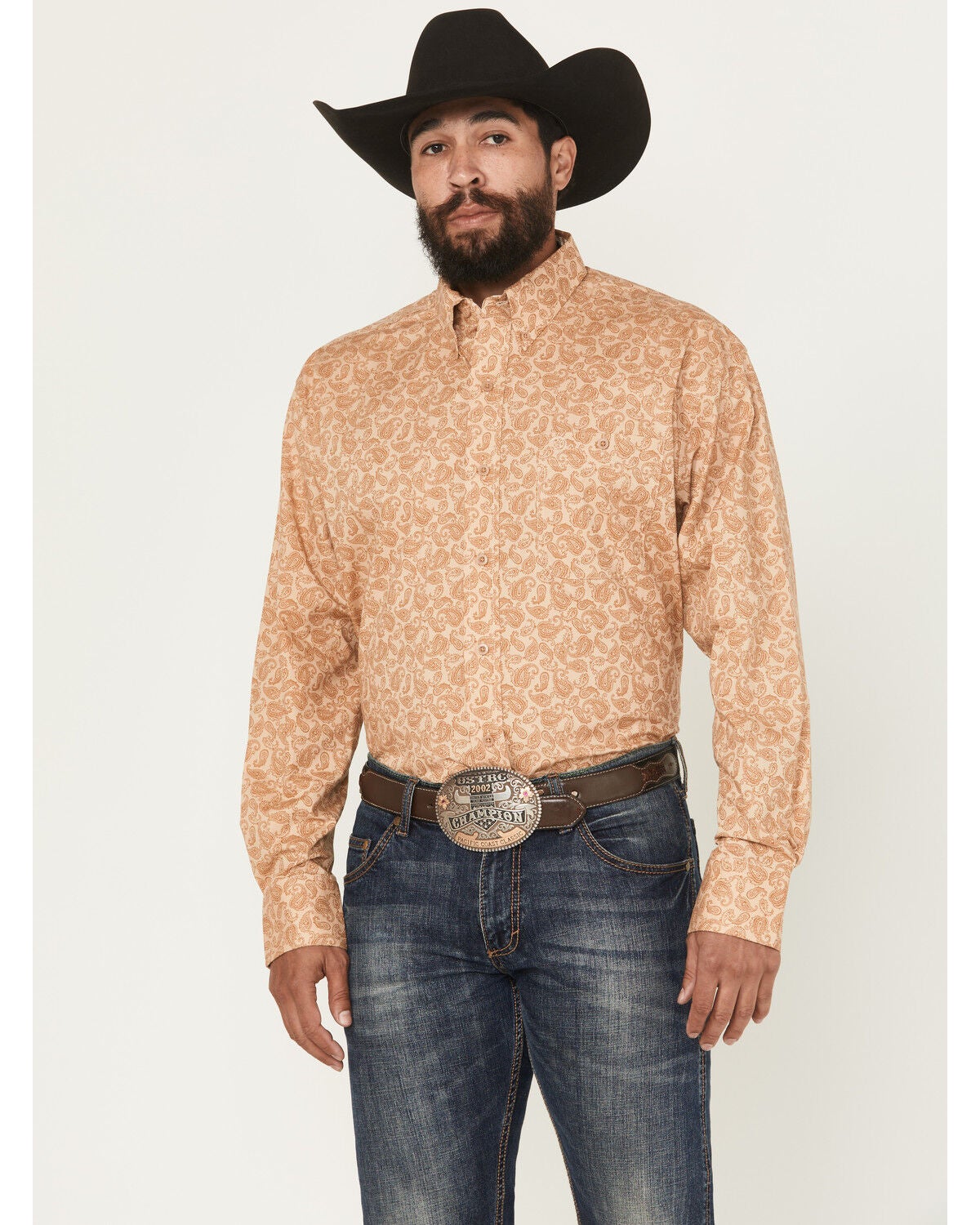 George Strait by Wrangler Men's Paisley Print Long Sleeve Button-Down Stretch Western Shirt, Brown, hi-res