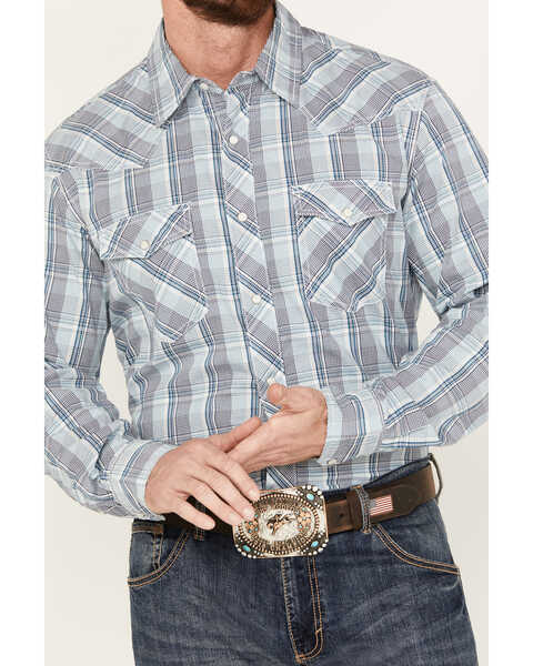 Image #3 - Wrangler 20X Men's Plaid Print Long Sleeve Snap Western Shirt, Blue, hi-res