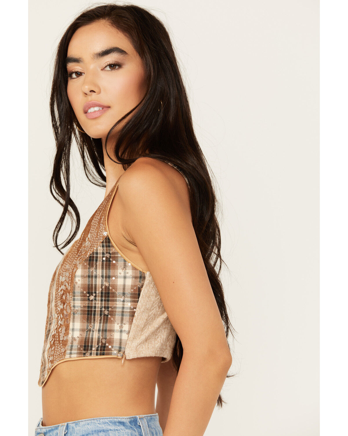 Image #3 - Miss Me Women's Sequins Plaid Print Cropped Tank, Rust Copper, hi-res