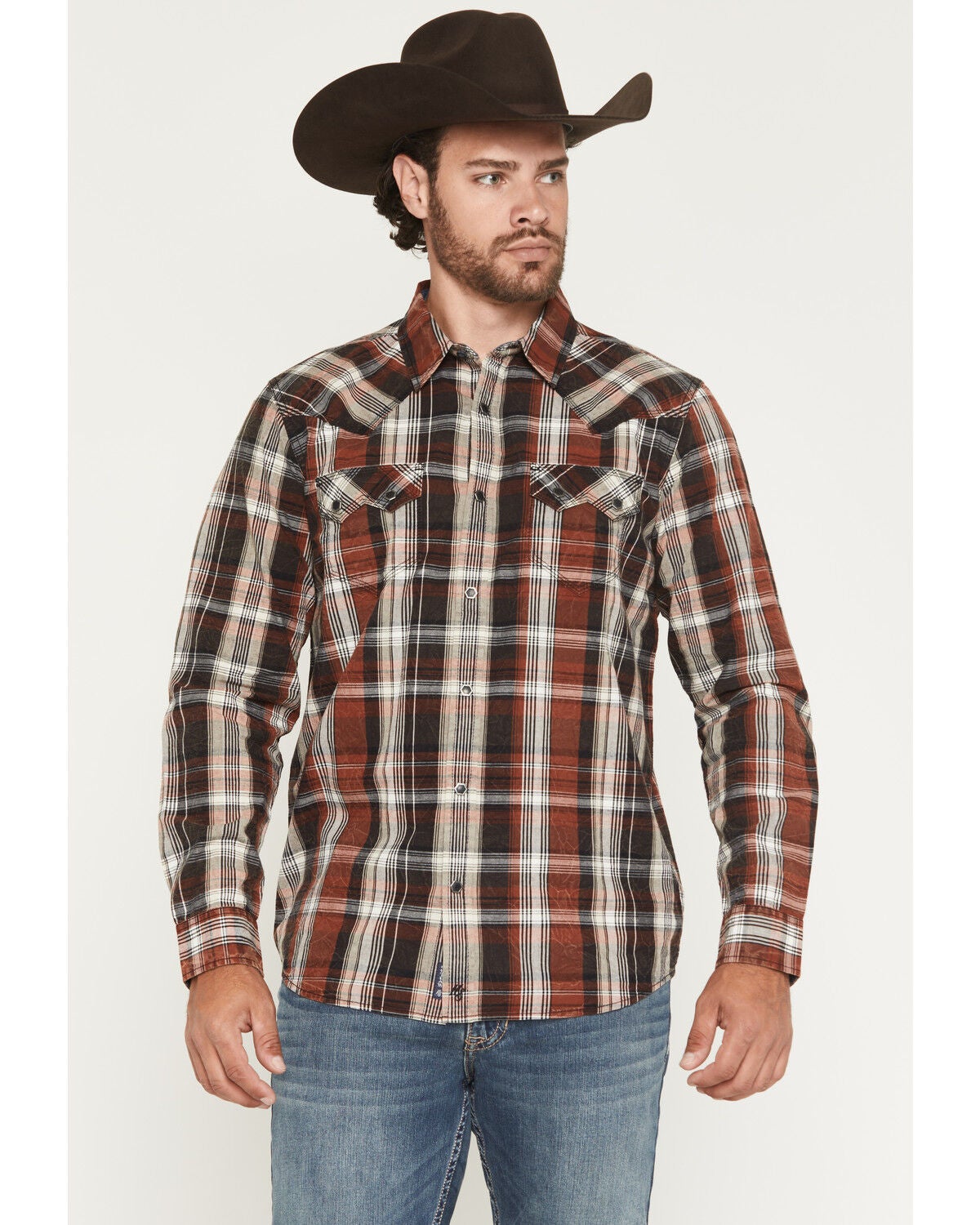 Image #1 - Moonshine Spirit&reg; Men's The Riff Crackle Plaid Print Long Sleeve Snap Western Shirt, Black, hi-res