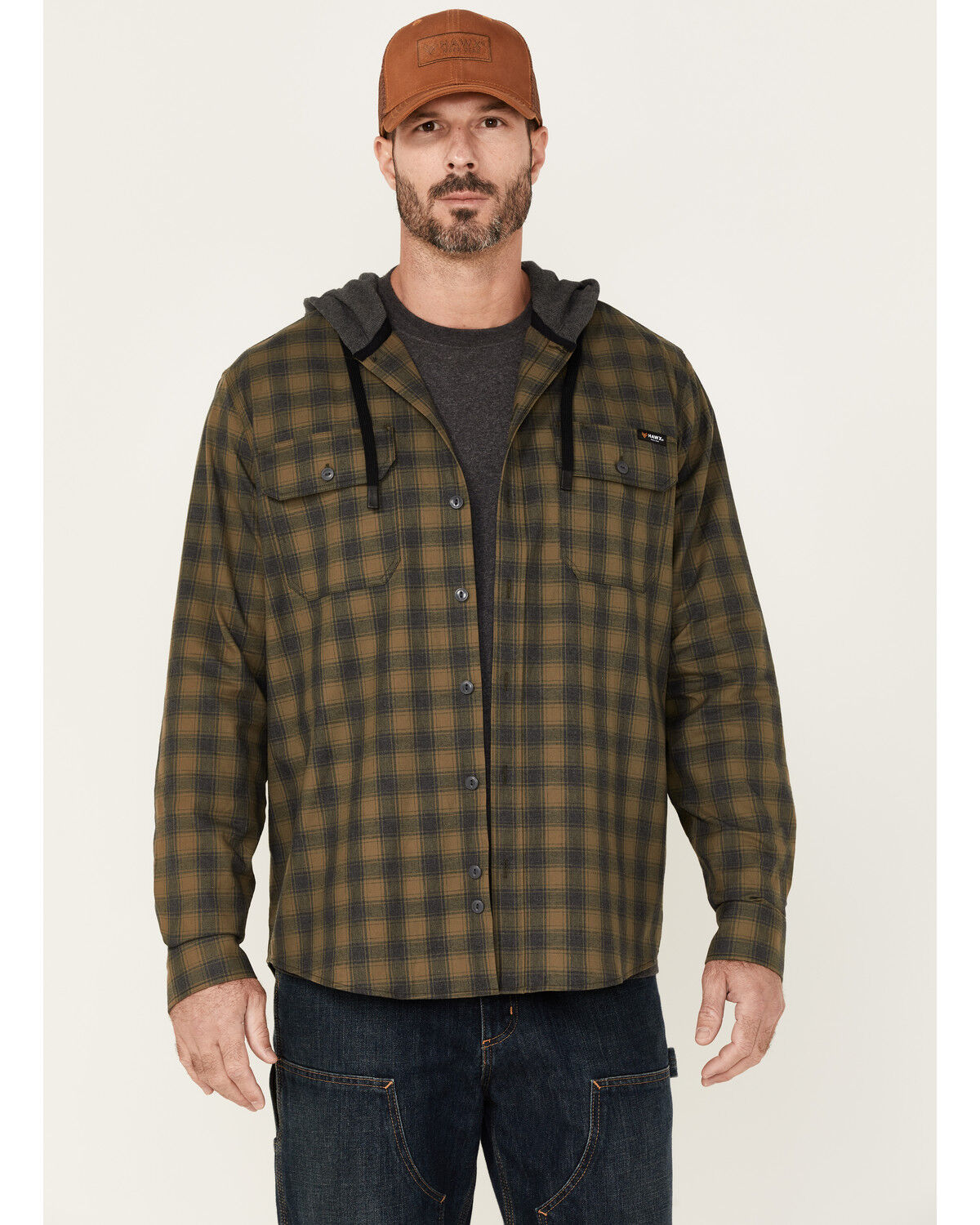 Image #1 - Hawx Men's Plaid Print Robertson Long Sleeve Button Down Hooded Work Flannel Shirt, Olive, hi-res