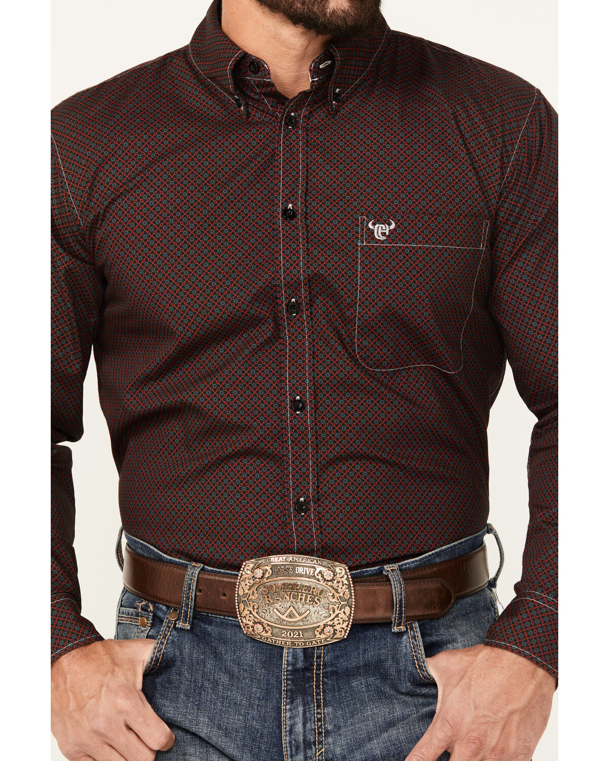 Image #3 - Cowboy Hardware Men's Geo Print Long Sleeve Button-Down Western Shirt, Burgundy, hi-res