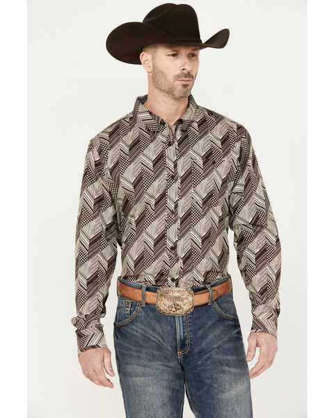 Image #1 - RANK 45® Men's Altonwon Striped Geo Print Long Sleeve Button-Down Western Shirt, Coffee, hi-res