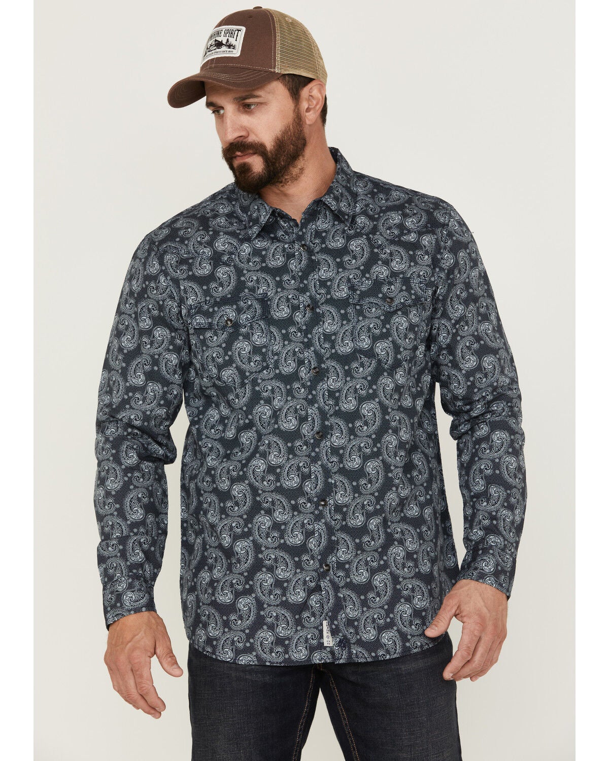 Moonshine Spirit&reg; Men's Amusement Large Paisley Print Long Sleeve Western Shirt, Navy, hi-res