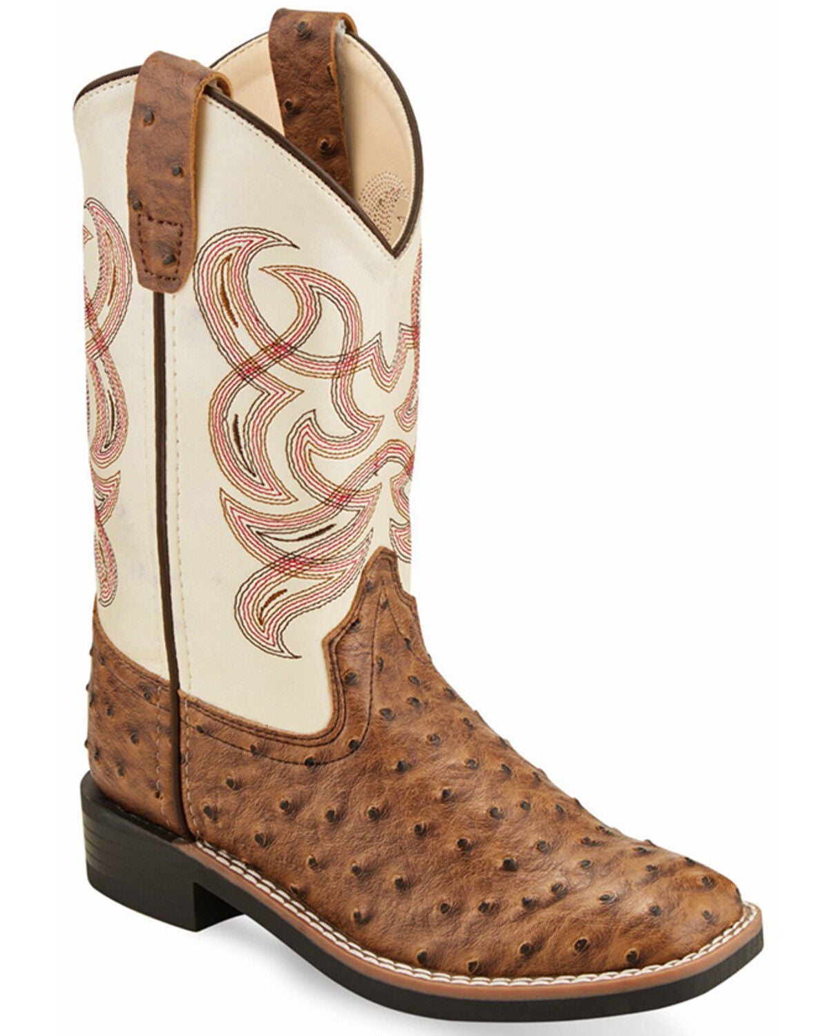Old West Boys' Ostrich Print Western Boots - Broad Square Toe, White, hi-res