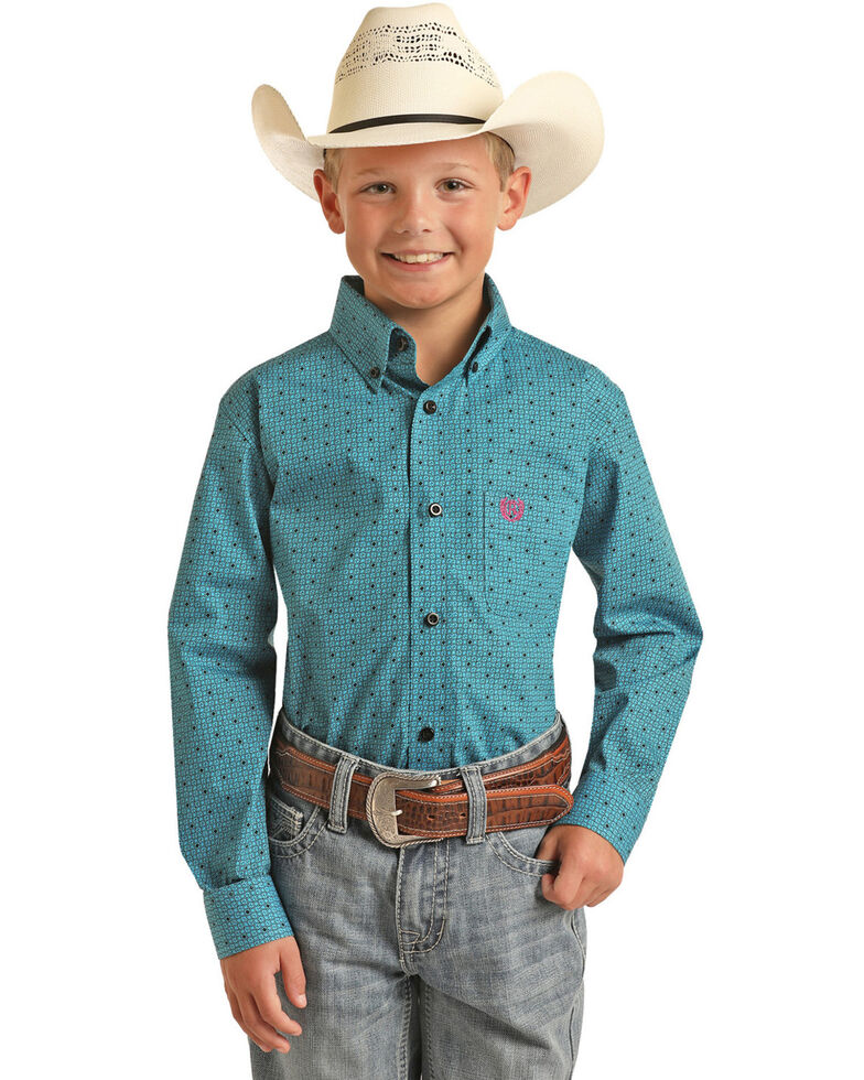 Panhandle Boys' Turquoise Poplin Print Long Sleeve Button Down Shirt , Turquoise, hi-res
