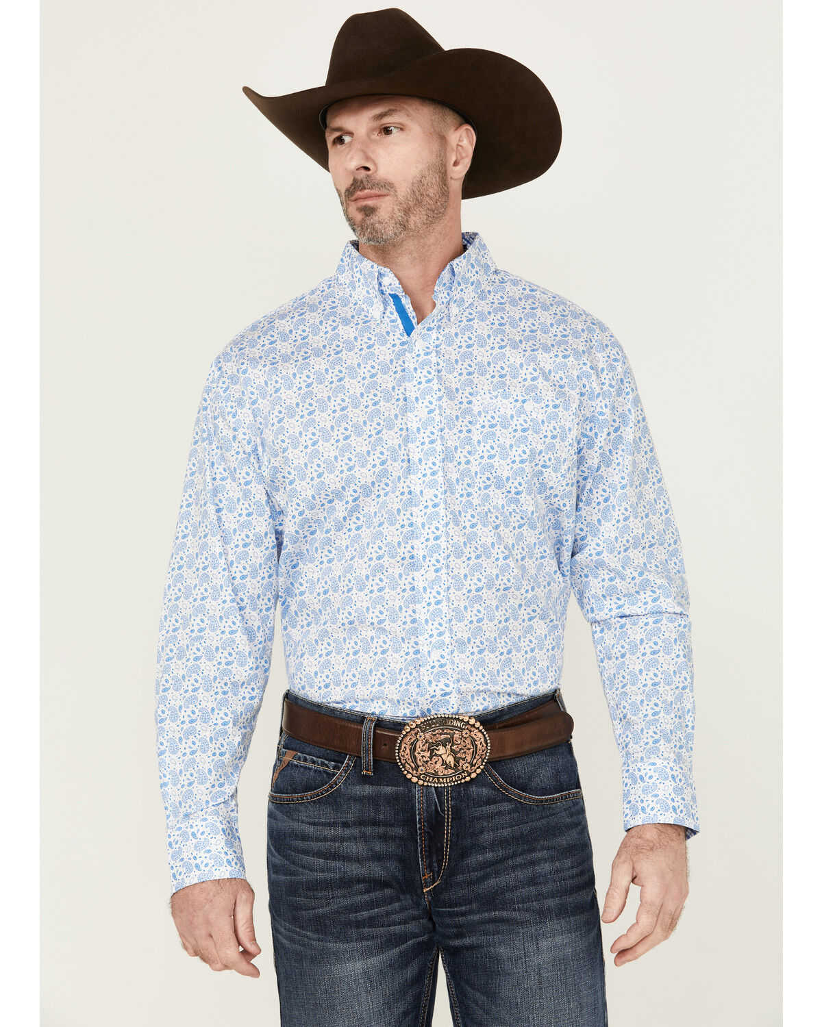 Image #1 - George Strait By Wrangler Men's Paisley Print Long Sleeve Button-Down Stretch Western Shirt, Blue, hi-res