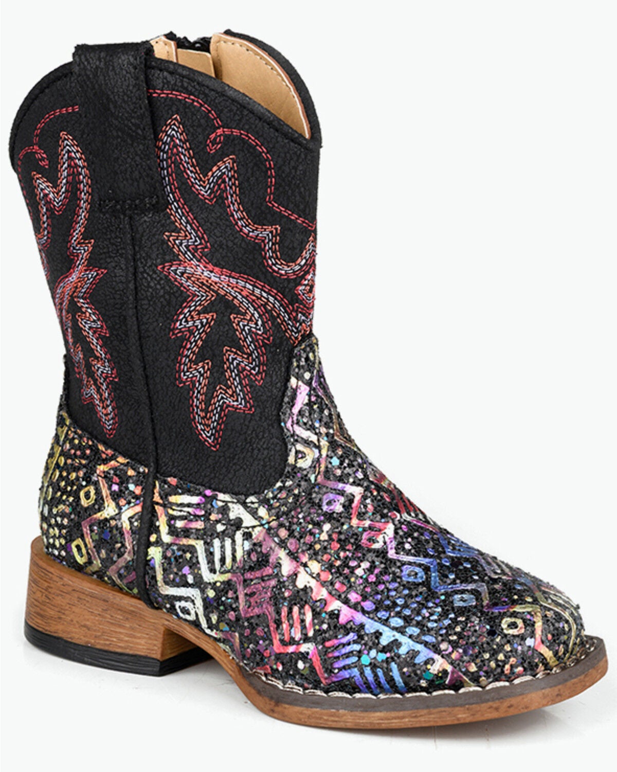 Roper Toddler Girls' Glitter Southwestern II Western Boots - Broad Square Toe, Black, hi-res