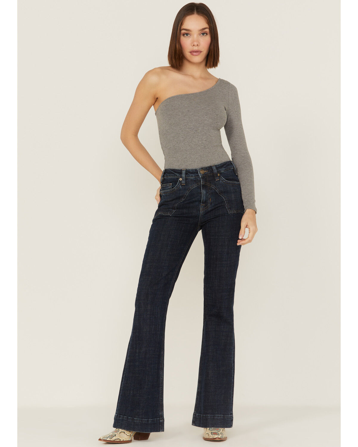 Image #1 - Rock & Roll Denim Women's Yoke Front Flare Jeans, Dark Blue, hi-res
