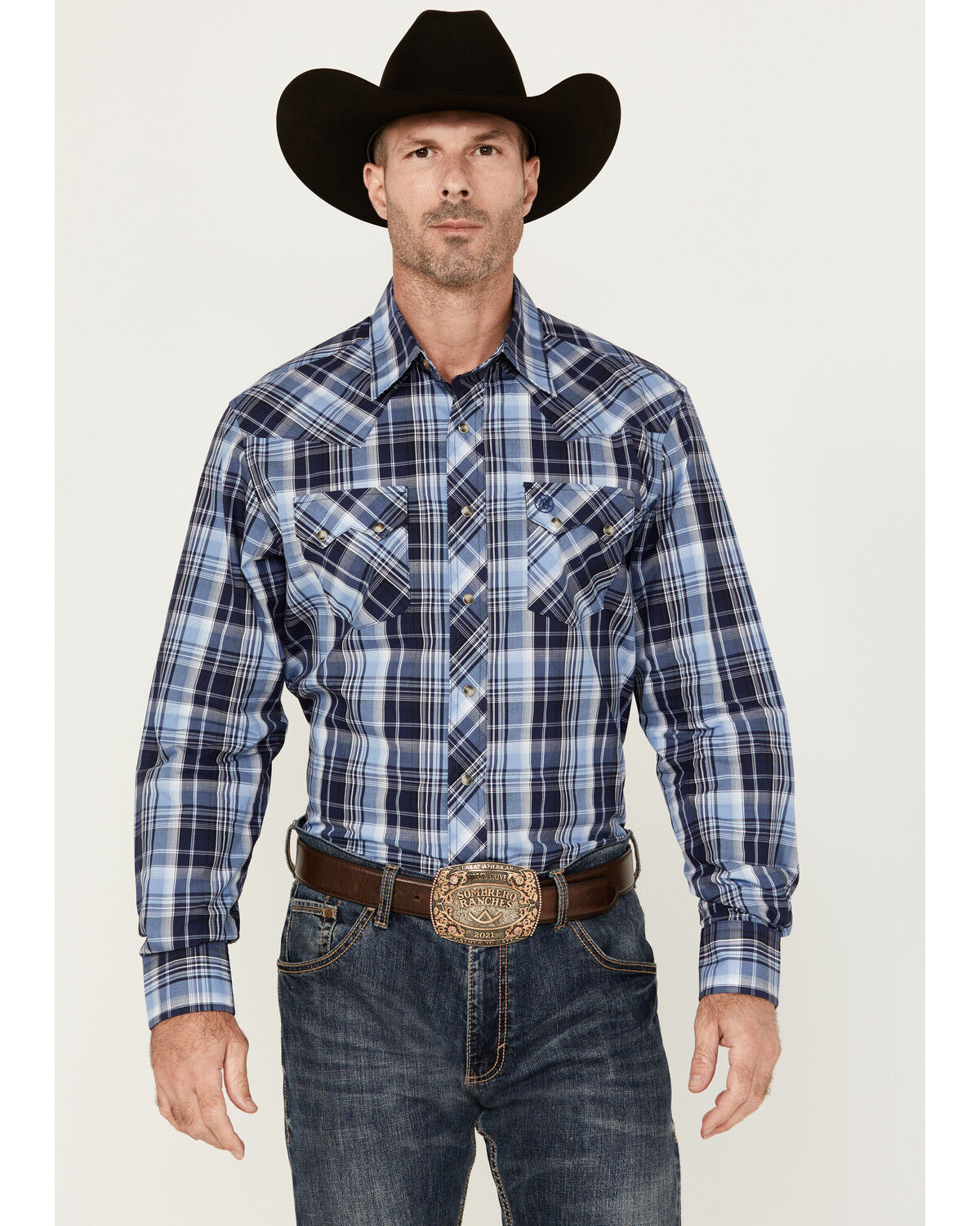 Image #1 - Wrangler Retro Men's Plaid Print Long Sleeve Snap Western Shirt, Blue, hi-res