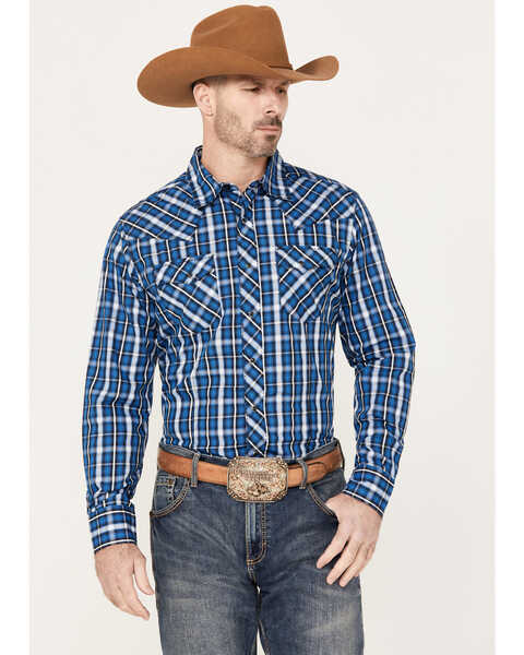 Wrangler Men's Plaid Print Long Sleeve Snap Western Shirt, Blue, hi-res