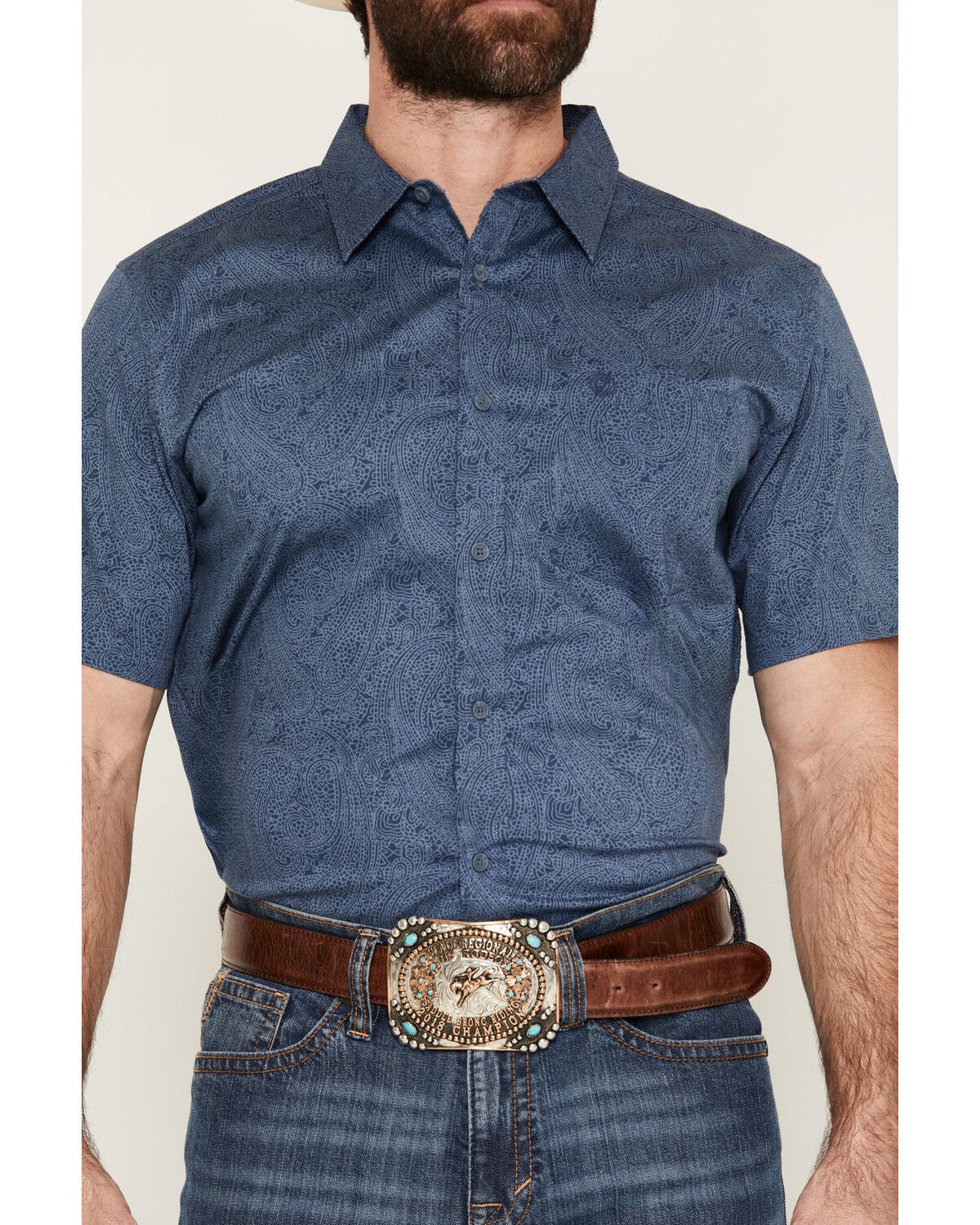 Image #3 - Cody James Men's Topaz Tonal Paisley Print Short Sleeve Button-Down Stretch Western Shirt, Blue, hi-res
