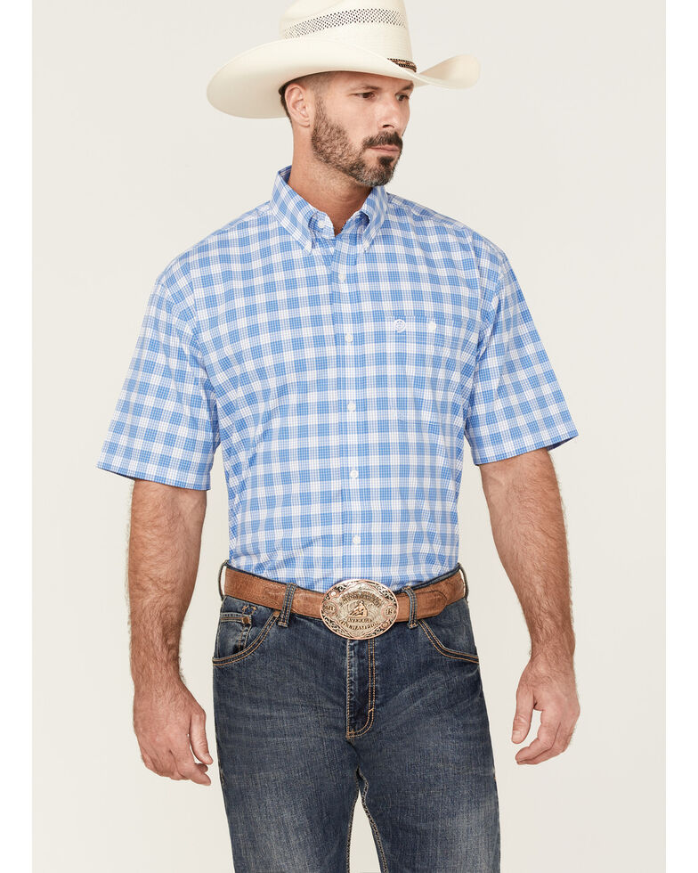 George Strait By Wrangler Men's Plaid Short Sleeve Button-Down Western Shirt , Blue, hi-res