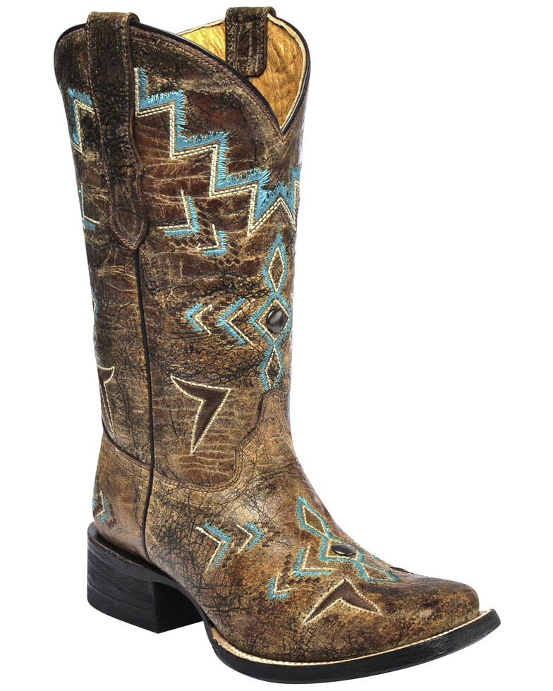 Corral Girls Studded Embroidered Cowgirl Boots - Square Toe, Bronze, hi-res