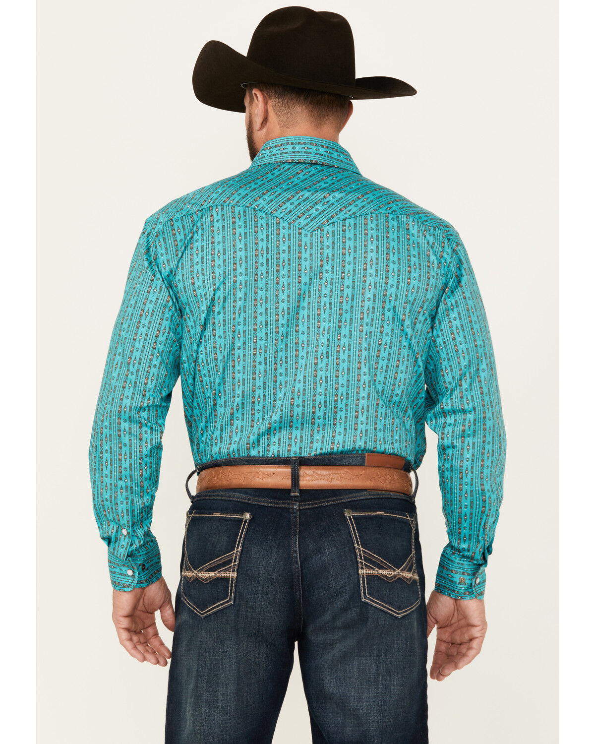 Image #4 - Rough Stock by Panhandle Men's Southwestern Striped Print Long Sleeve Pearl Snap Stretch Western Shirt, Turquoise, hi-res