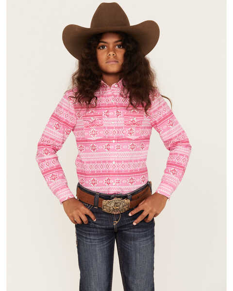 Panhandle Girls' Pink Southwest Print Long Sleeve Snap Shirt, Pink, hi-res