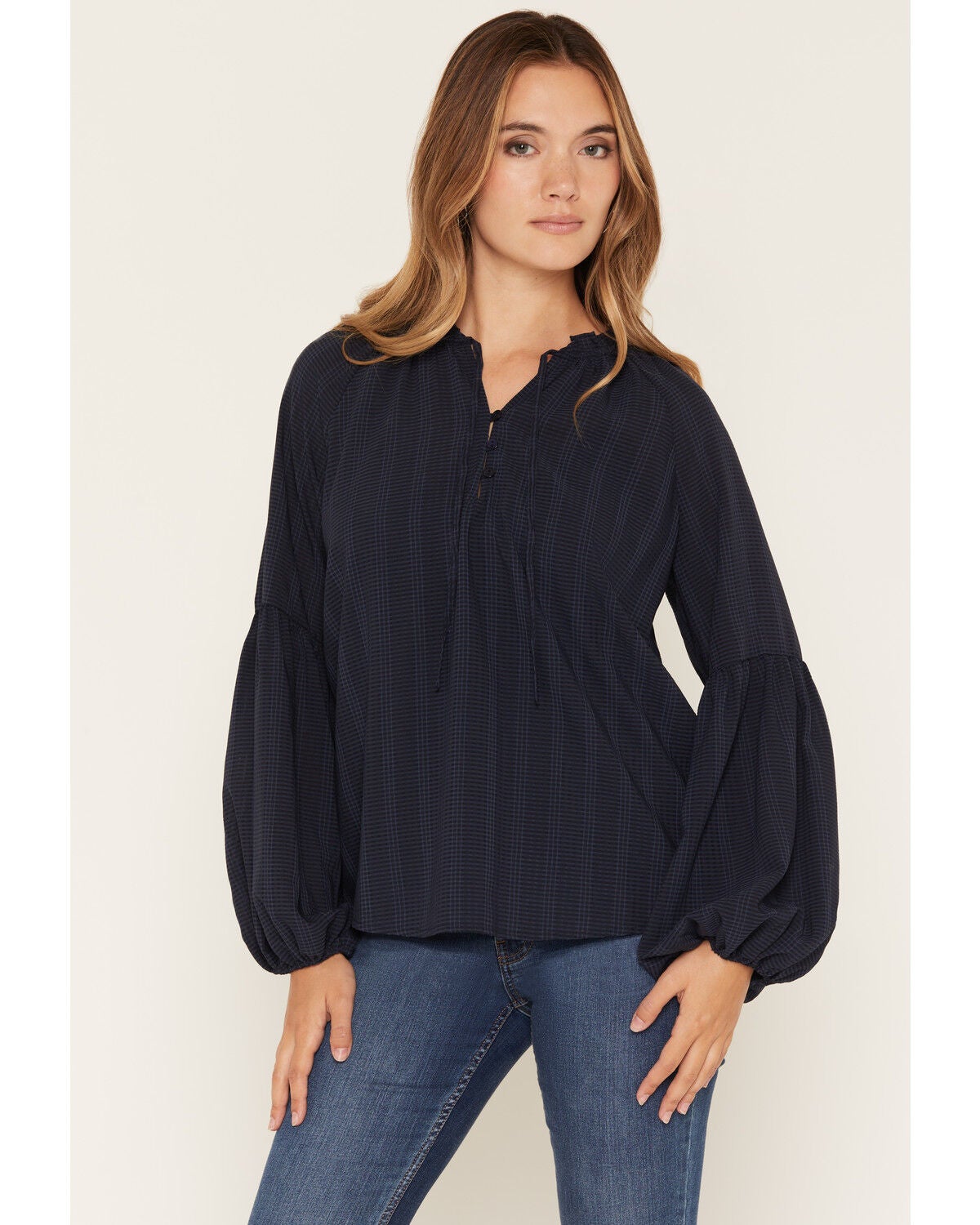 Image #1 - Lovestitch Women's Button Placket Peasant Blouse, Navy, hi-res