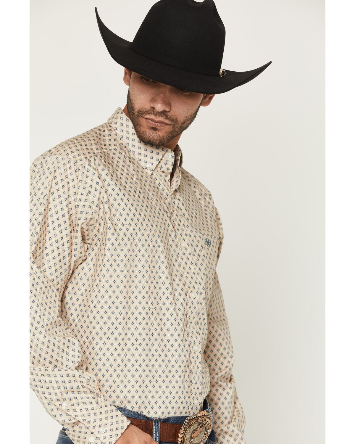 Image #2 - Ariat Men's Stu Geo Print Long Sleeve Button-Down Western Shirt, Tan, hi-res