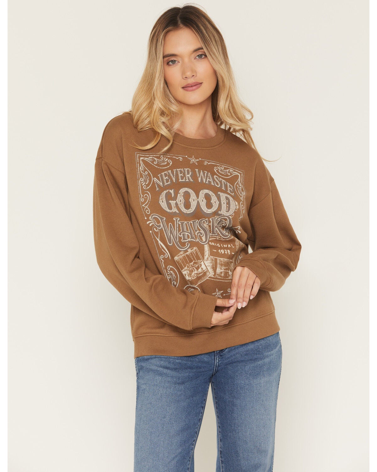 Shyanne Women's Never Waste Good Whiskey Crew Neck Sweatshirt, Coffee, hi-res