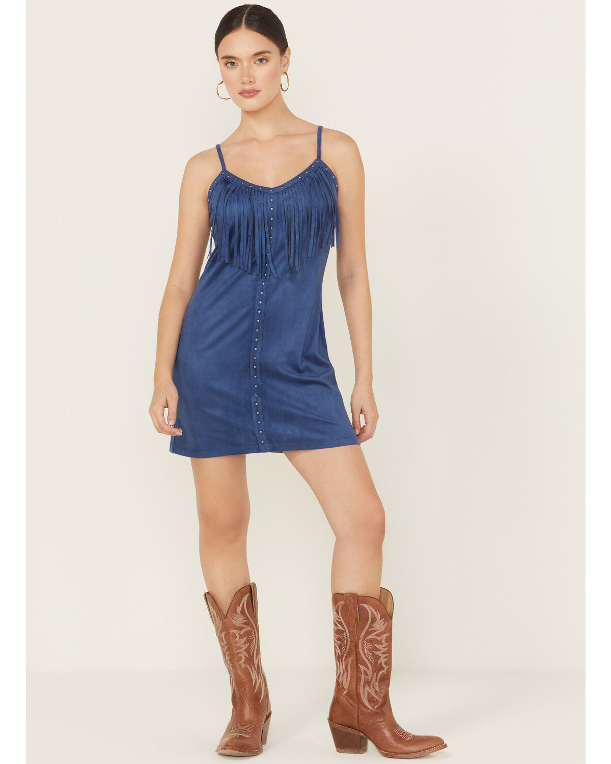 Image #2 - Idyllwind Women's Faux Suede Studded Fringe Sleeveless Mini Dress, Blue, hi-res