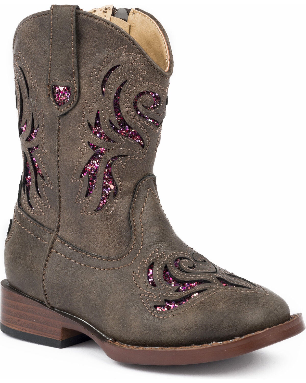 Roper Toddler Girls' Glitter Breeze Western Boots - Square Toe, Brown, hi-res