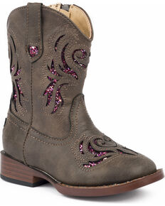 Roper Toddler Girls' Brown Glitter Breeze Cowgirl Boots - Square Toe, Brown, hi-res