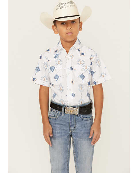 Image #1 - Ely Walker Boys' Southwestern Print Short Sleeve Pearl Snap Western Shirt , White, hi-res