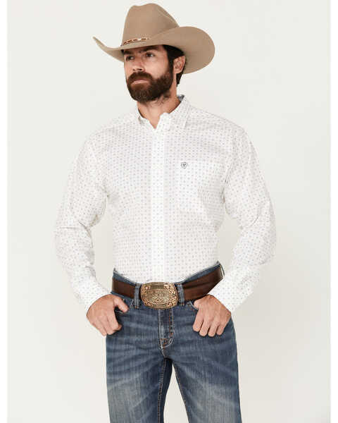 Image #1 - Ariat Men's Wrinkle Free Ogden Geo Print Long Sleeve Button-Down Western Shirt - Big , White, hi-res