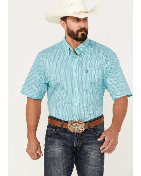 Wrangler Men's Classic Geo Short Sleeve Button-Down Western Shirt - Big , Teal, hi-res