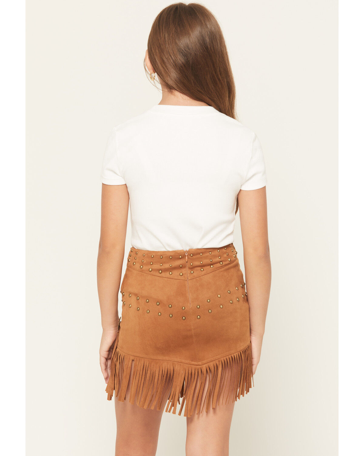 Image #4 - Fornia Girls' Faux Suede Fringe Skirt, Brown, hi-res