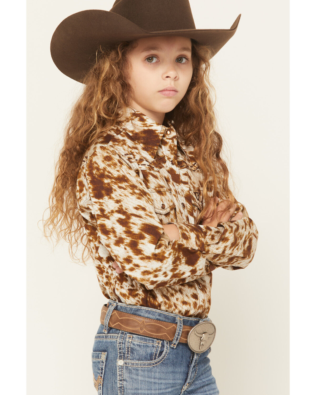 Image #2 - Cowgirl Hardware Girls' Cowhide Print Long Sleeve Pearl Snap Stretch Western Shirt, Brown, hi-res